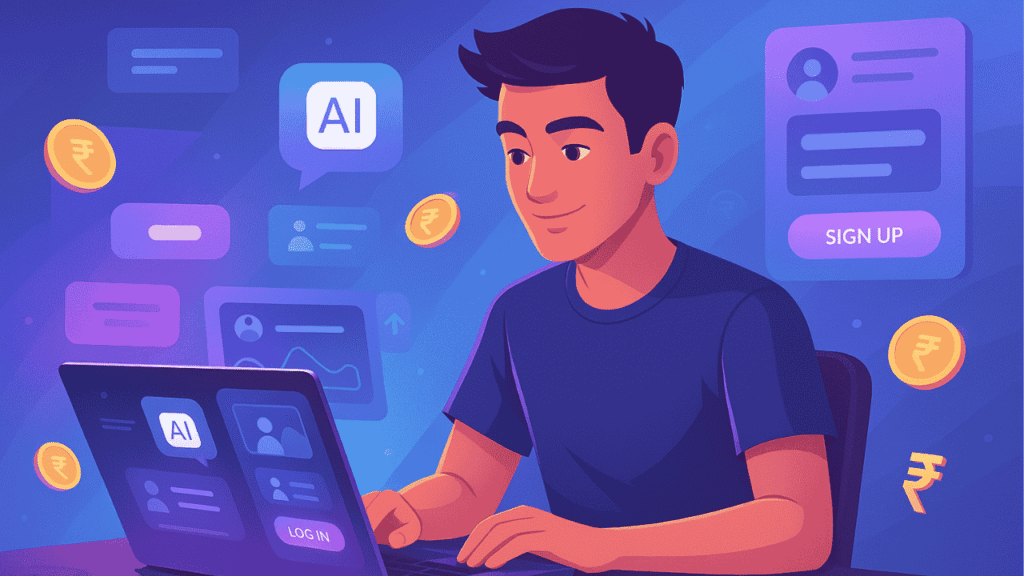 Indian creator building an AI-powered app using no-code tools, surrounded by floating UI and rupee symbols.