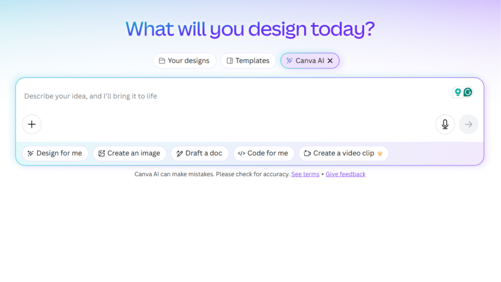 Canva AI interface with Magic Write, templates, and AI-powered design tools