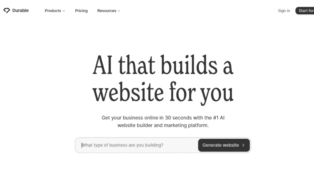 Durable AI interface with website builder layout, brand tools, and preview.