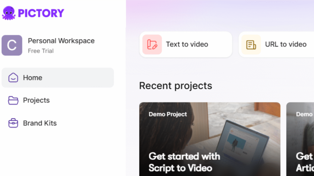 Pictory AI video editing dashboard with script editor, visuals, and timeline.