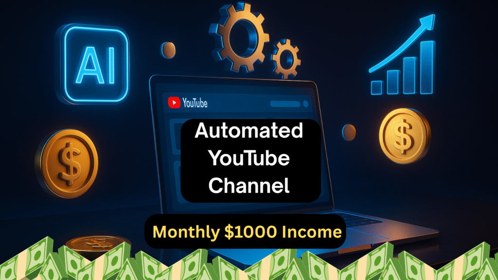 Automated YouTube Channel se monthly income ka concept futuristic workspace me dikhaya gaya hai