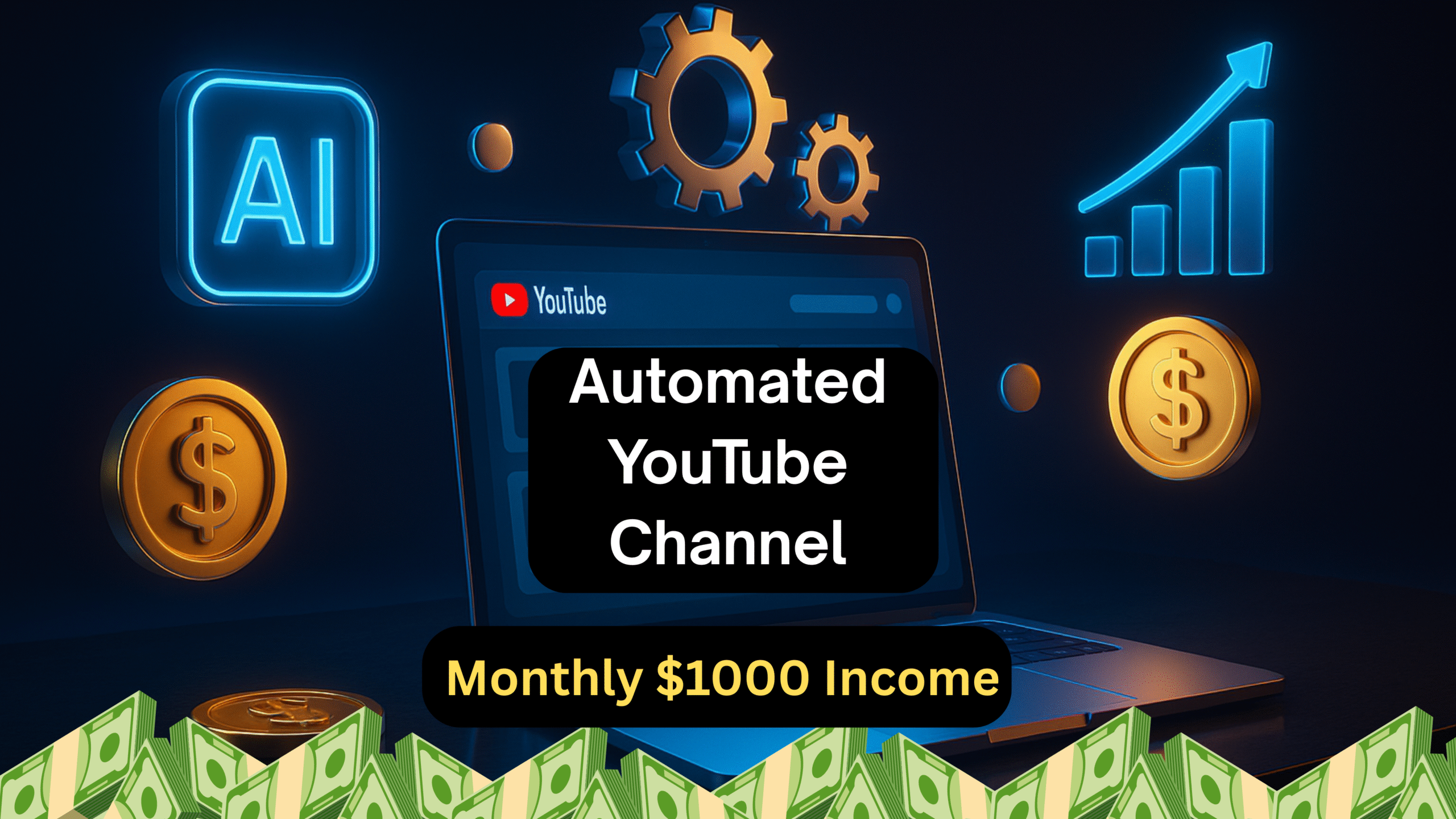 Automated YouTube Channel se monthly income ka concept futuristic workspace me dikhaya gaya hai