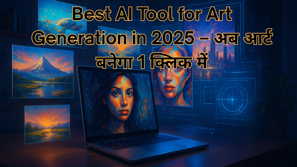 “Futuristic digital workspace with AI-generated artwork on laptop screen, hyper-realistic 3D art pieces, holographic interface, modern creative studio, 2025 AI art generation concept.”