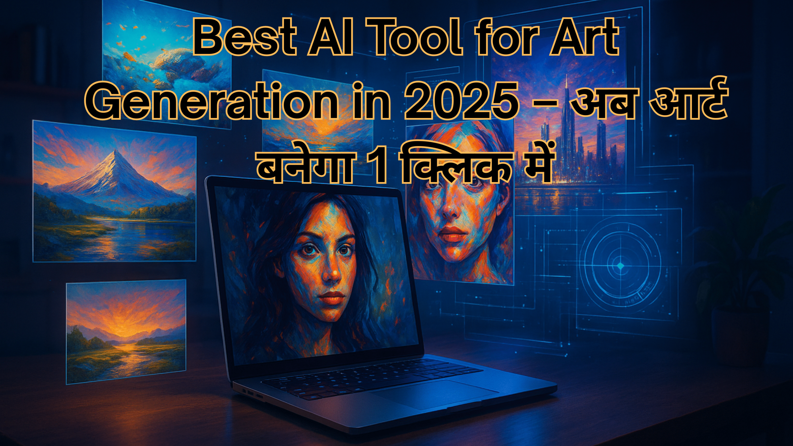 “Futuristic digital workspace with AI-generated artwork on laptop screen, hyper-realistic 3D art pieces, holographic interface, modern creative studio, 2025 AI art generation concept.”